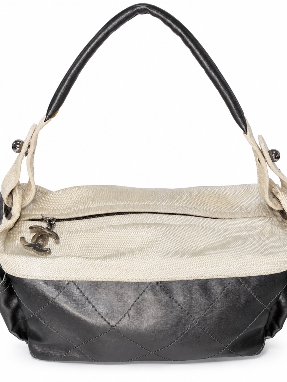 Authentic Chanel Paris Biarritz Hobo Bag Black Cream CC Charm 12”